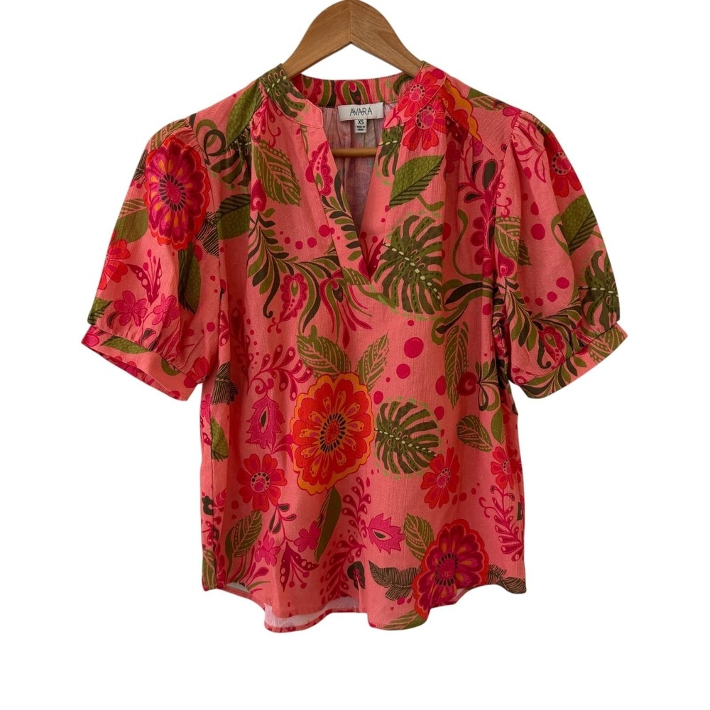 Avara Floral Puff Sleeve Blouse Top Womens XS Pink Cotton Boho V Neck Tropical